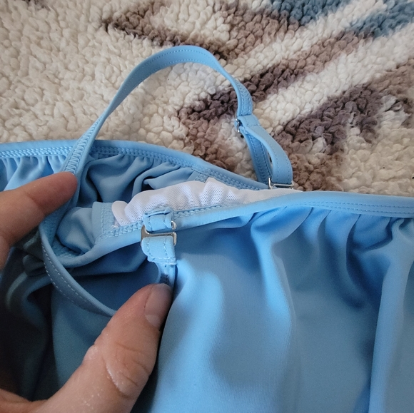 Pinkblush ruffle trim, ruched, one-piece maternity swimsuit, XL. Light blue. - Picture 2 of 7